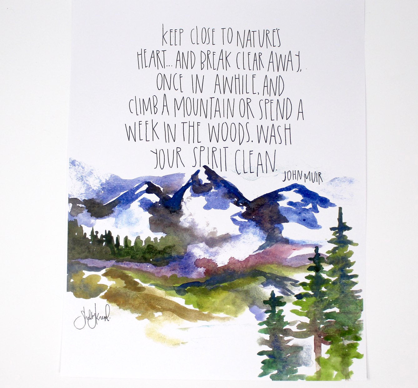 Mountains Watercolor Art Print- 11x14in, Home Decor, Wall Art, Adventure Artwork, John Muir Quote