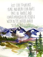 Load image into Gallery viewer, Mountains Watercolor Art Print- 11x14in, Home Decor, Wall Art, Adventure Artwork, John Muir Quote