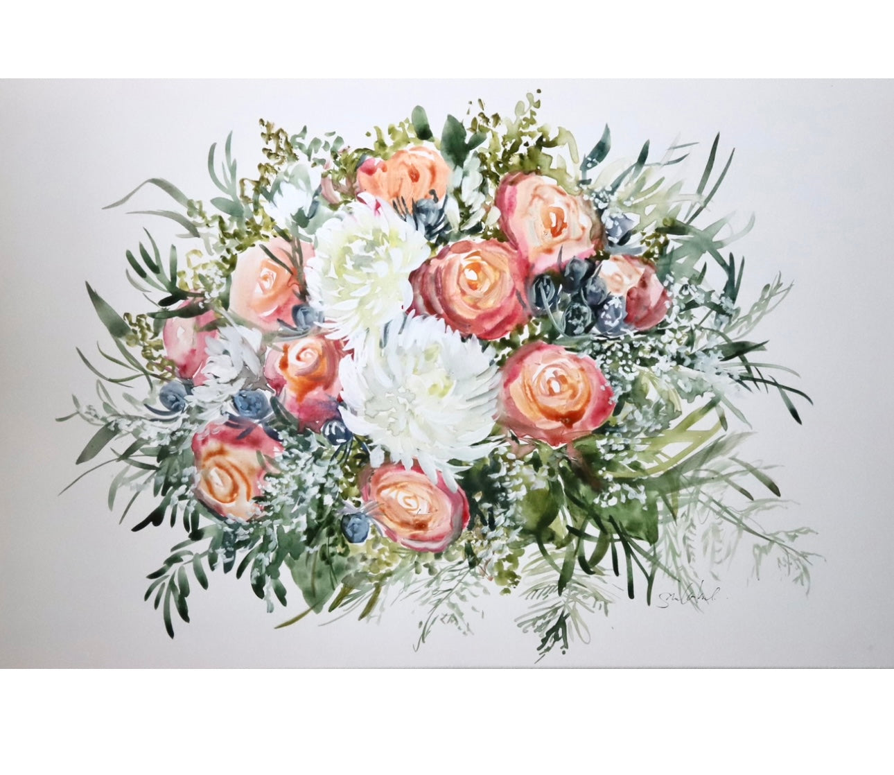 Bridal Bouquet, Acrylic Art, 16 x 20, Coral and Pink, 2024 Floral Art, Gold Detailing