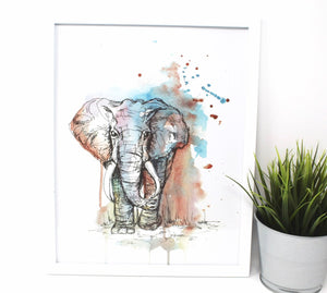 Mixed Media Elephant Art Print, 11x14in, Animal Art, Home Decor, Nursery Artwork