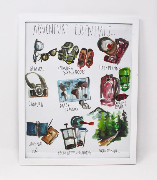 Adventure Essentials Art Print 11x14in, Home Decor, Travel Art, Wall Artwork