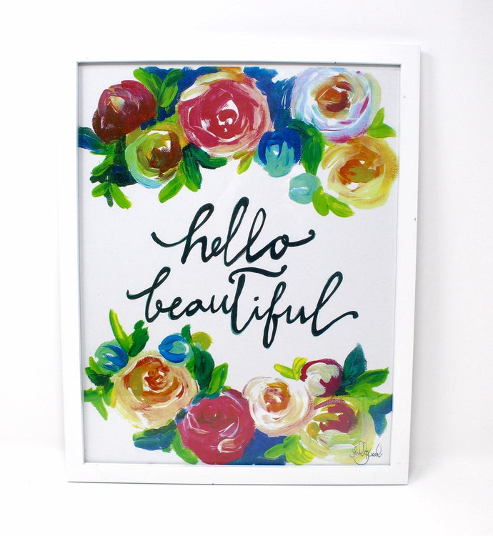 Hello Beautiful Art Print- 11x14, Quote Art, Floral Artwork, Home Decor, Inspirational
