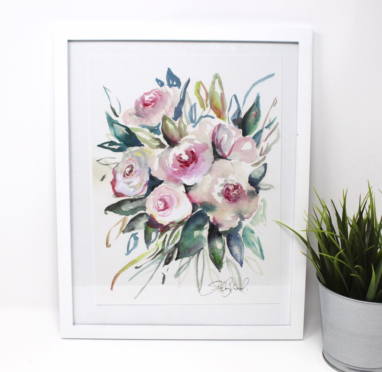 Blue And Pink Floral Art Print -8x10in, Simple Design, Flower Art, Home Decor