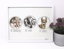 Load image into Gallery viewer, Be Kind, Be Courageous, Be Quirky Art Print -11x14 in, Animal Art, Baby Room Decor, Nursery Wall Art
