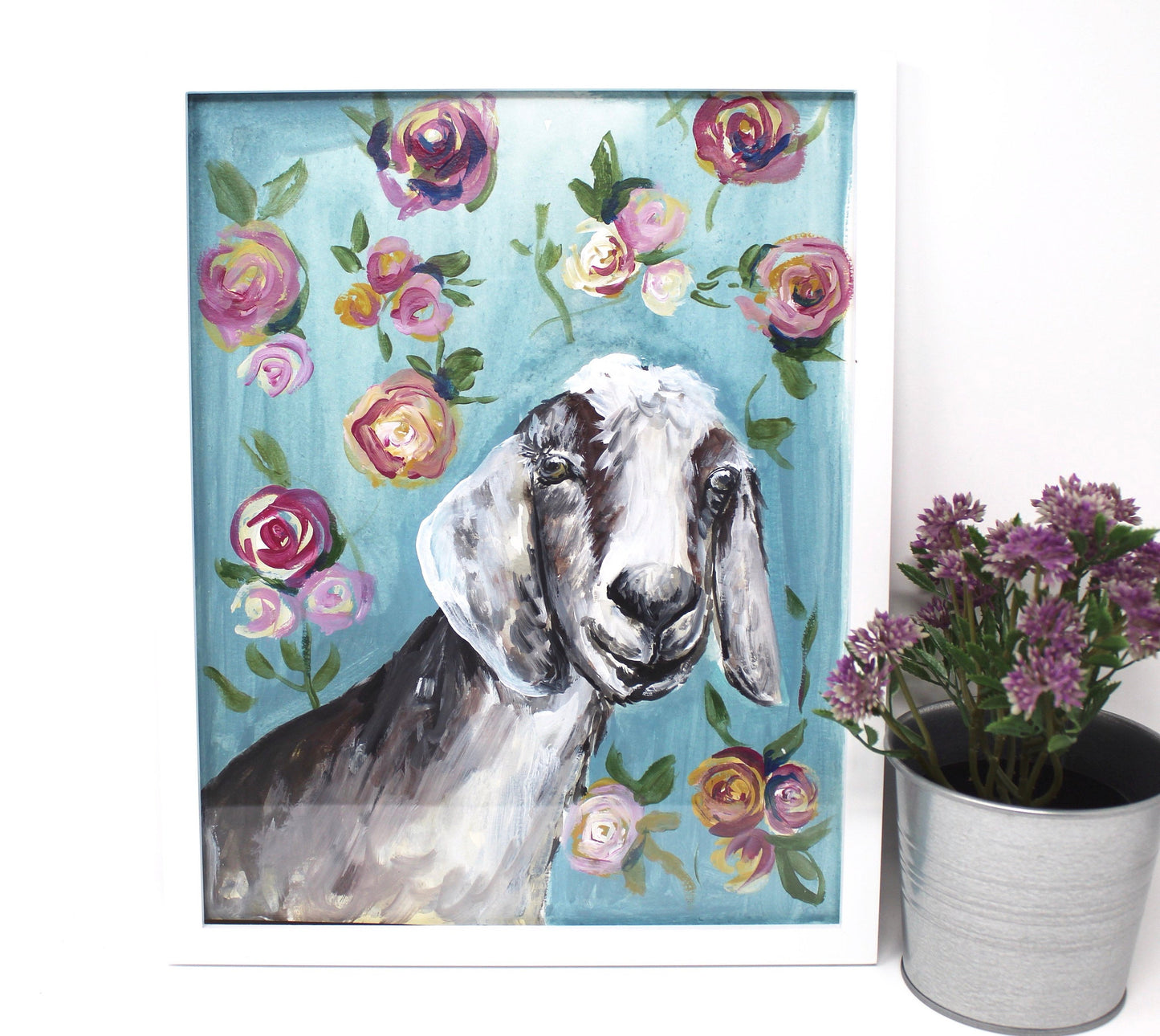 Floral Goat Art Print 11x14in, Animal Art, Floral Print, Farmhouse, Nursery Artwork