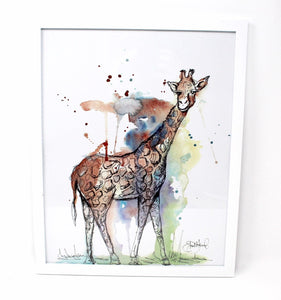 Mixed Media Giraffe Art Print -11x14in, Safari Animal Art, Home Decor, Nursery Wall Art