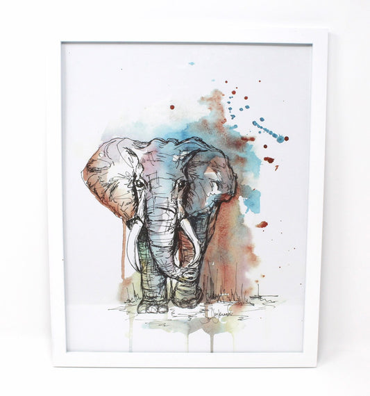 Mixed Media Elephant Art Print, 11x14in, Animal Art, Home Decor, Nursery Artwork