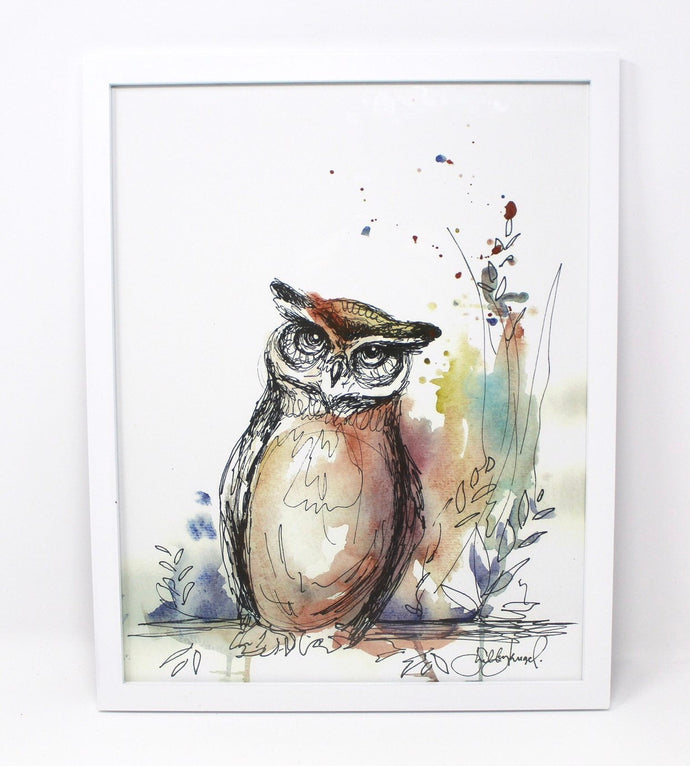 Owl Mixed Media Art Print, 11x14 in, Animal Art, Home Decor, Nursery Art