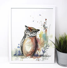 Load image into Gallery viewer, Owl Mixed Media Art Print, 11x14 in, Animal Art, Home Decor, Nursery Art