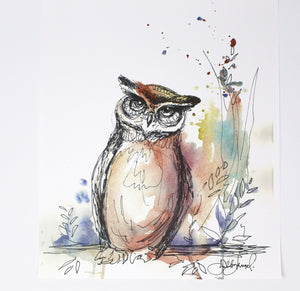 Owl Mixed Media Art Print, 11x14 in, Animal Art, Home Decor, Nursery Art