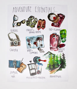Adventure Essentials Art Print 11x14in, Home Decor, Travel Art, Wall Artwork