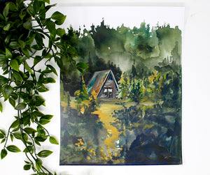 Cozy Cabin Print 11x14 Adventure Print Home Decor Cabin Watercolor Inspirational Wall Art