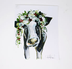 Christmas Collection- Cow, 11x14 Print, Watercolor, Home Decor