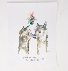 Christmas Collection- Mistletoe Kissing Llamas, 11x14 Art Print