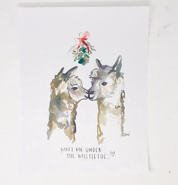 Christmas Collection- Mistletoe Kissing Llamas, 11x14 Art Print